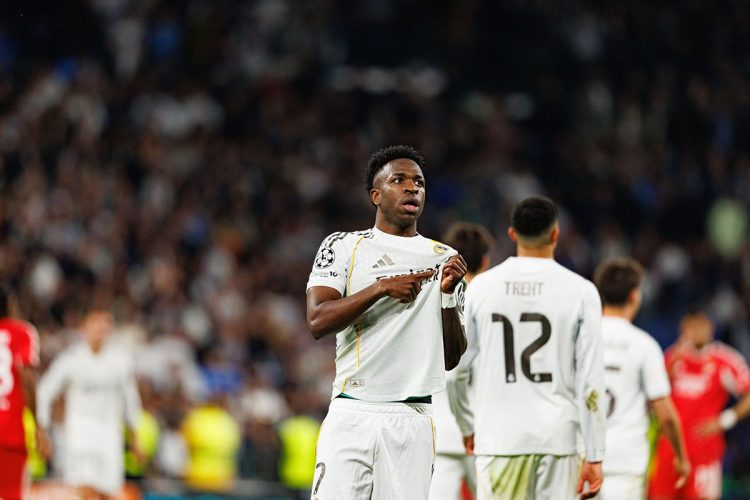 Madrid, Spain 25th Feb 2025; Vinicius Vini Junior (Real Madrid CF)  seen celebrating after scoring goal during Champions League knock out play off game between teams of Real Madrid CF and SL Benfica; Maciej Rogowski. Alamy Live News