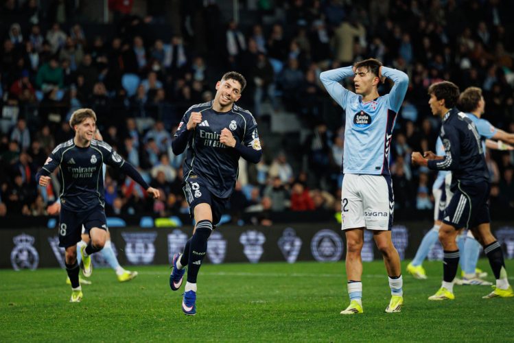 Federico Fede Valverde (Real Madrid CF) seen in action  celebrating after scoring goal next to Javi Rodriguez (Celta de Vigo) during LaLiga EA Sports game between teams of RC Celta de Vigo and Real Madrid CF at Estadio de Balaidos