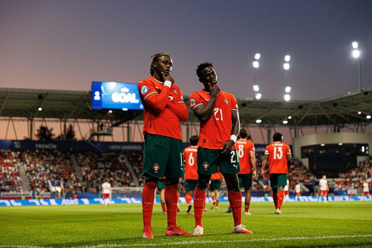 Geovany Quenda and Roger Fernandes seen celebrating after scoring goal during UEFA Euro U-21 2025 game between national teams of Portugal and Poland  (Maciej Rogowski)