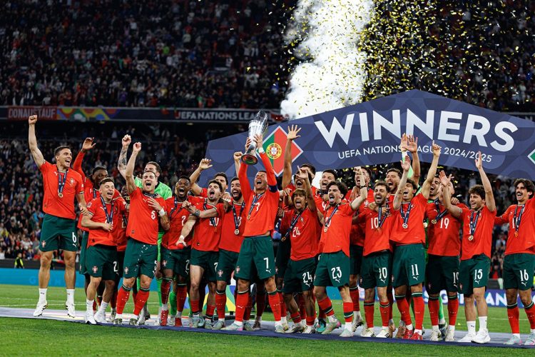 Players of Portugal seen celebrating with a trophy during  UEFA Nations League 2025 final game between national teams of Portugal and Spain (Maciej Rogowski)